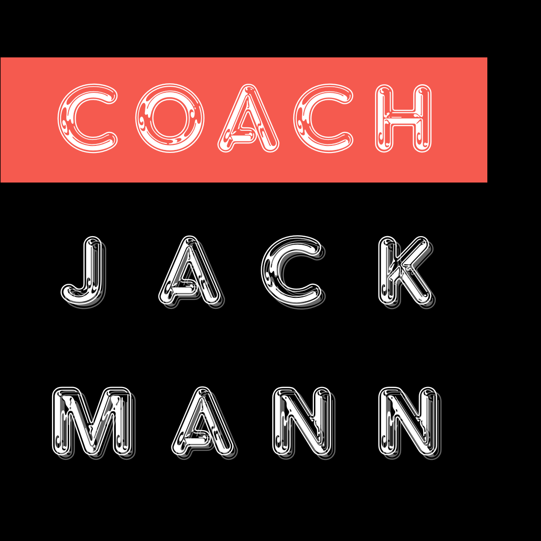 COACHJACKMANNWORDMARK2025_white stylised text on black and coral backgrounds.