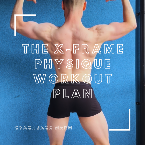 coachjackmann double biceps pose facing a blue wall with x-frame workout plan written over in white text